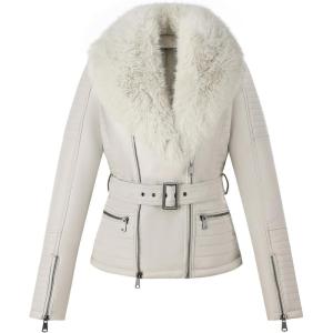 imageBellivera Womens Faux Leather Jacket Moto Biker SherpaLined Coat with Removable Fur CollarWhite Jacket