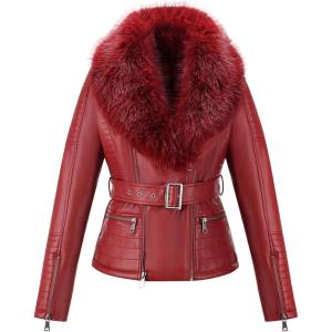 imageBellivera Womens Faux Leather Jacket Moto Biker SherpaLined Coat with Removable Fur CollarWine Jacket