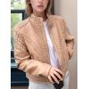 imageBellivera Womens Faux Leather Jacket Studded Rivet Casual Short Moto Biker Stand Collar CoatStand Collar Khaki