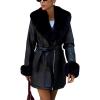 imageBellivera Women Faux Leather Winter Trendy Puffer Jacket Waterresistant Thicken Bubble Coat with Fur Collar and BeltBlack Zip Coat