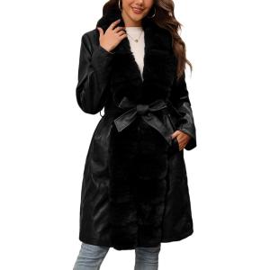 imageBellivera Women Faux Leather Winter Trendy Puffer Jacket Waterresistant Thicken Bubble Coat with Fur Collar and BeltBlack