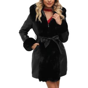 imageBellivera Women Faux Leather Winter Trendy Puffer Jacket Waterresistant Thicken Bubble Coat with Fur Collar and BeltBlack Fur