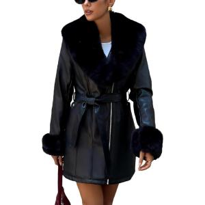 imageBellivera Women Faux Leather Winter Trendy Puffer Jacket Waterresistant Thicken Bubble Coat with Fur Collar and BeltBlack Zip Coat