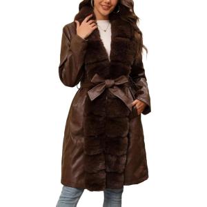 imageBellivera Women Faux Leather Winter Trendy Puffer Jacket Waterresistant Thicken Bubble Coat with Fur Collar and BeltBrown