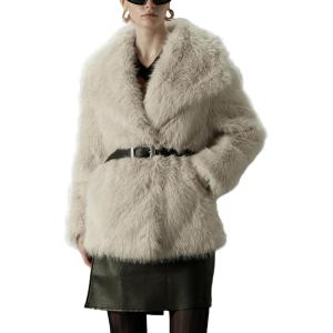 imageBellivera Womens Faux Fur Leather Jacket Fleece Cropped Warm Fluffy Coat Soft Zip OuterwearBeige