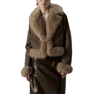 imageBellivera Womens Faux Fur Leather Jacket Fleece Cropped Warm Fluffy Coat Soft Zip OuterwearCamel