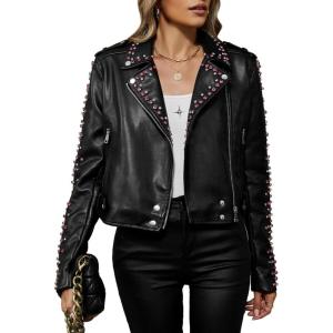 imageBellivera Womens Faux Leather Jacket Studded Rivet Casual Short Moto Biker Stand Collar CoatBlack