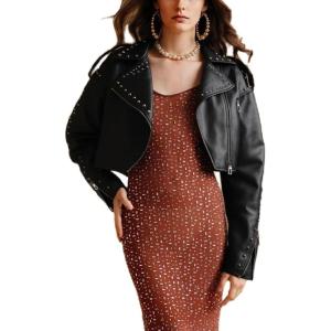 imageBellivera Womens Faux Leather Jacket Studded Rivet Casual Short Moto Biker Stand Collar CoatBlack Cropped