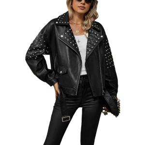 imageBellivera Womens Faux Leather Jacket Studded Rivet Casual Short Moto Biker Stand Collar CoatBlack Jacket With Belt