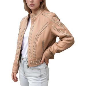 imageBellivera Womens Faux Leather Jacket Studded Rivet Casual Short Moto Biker Stand Collar CoatStand Collar Khaki
