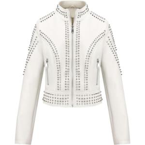 imageBellivera Womens Faux Leather Jacket Studded Rivet Casual Short Moto Biker Stand Collar CoatStand Collar White