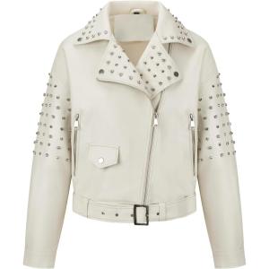 imageBellivera Womens Faux Leather Jacket Studded Rivet Casual Short Moto Biker Stand Collar CoatWhite Jacket With Belt