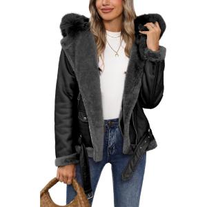 imageBellivera Womens Faux Leather Jacket Moto Biker SherpaLined Coat with Removable Fur CollarBlack Shearling Lined