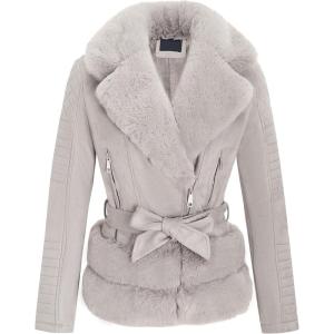 imageBellivera Womens Faux Leather Jacket Moto Biker SherpaLined Coat with Removable Fur CollarGrey Belt