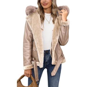 imageBellivera Womens Faux Leather Jacket Moto Biker SherpaLined Coat with Removable Fur CollarKhaki Shearling Lined