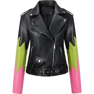 imageBellivera Womens faux leather Motorcycle Jacket Zip up stand with PocketsBlackgreenred