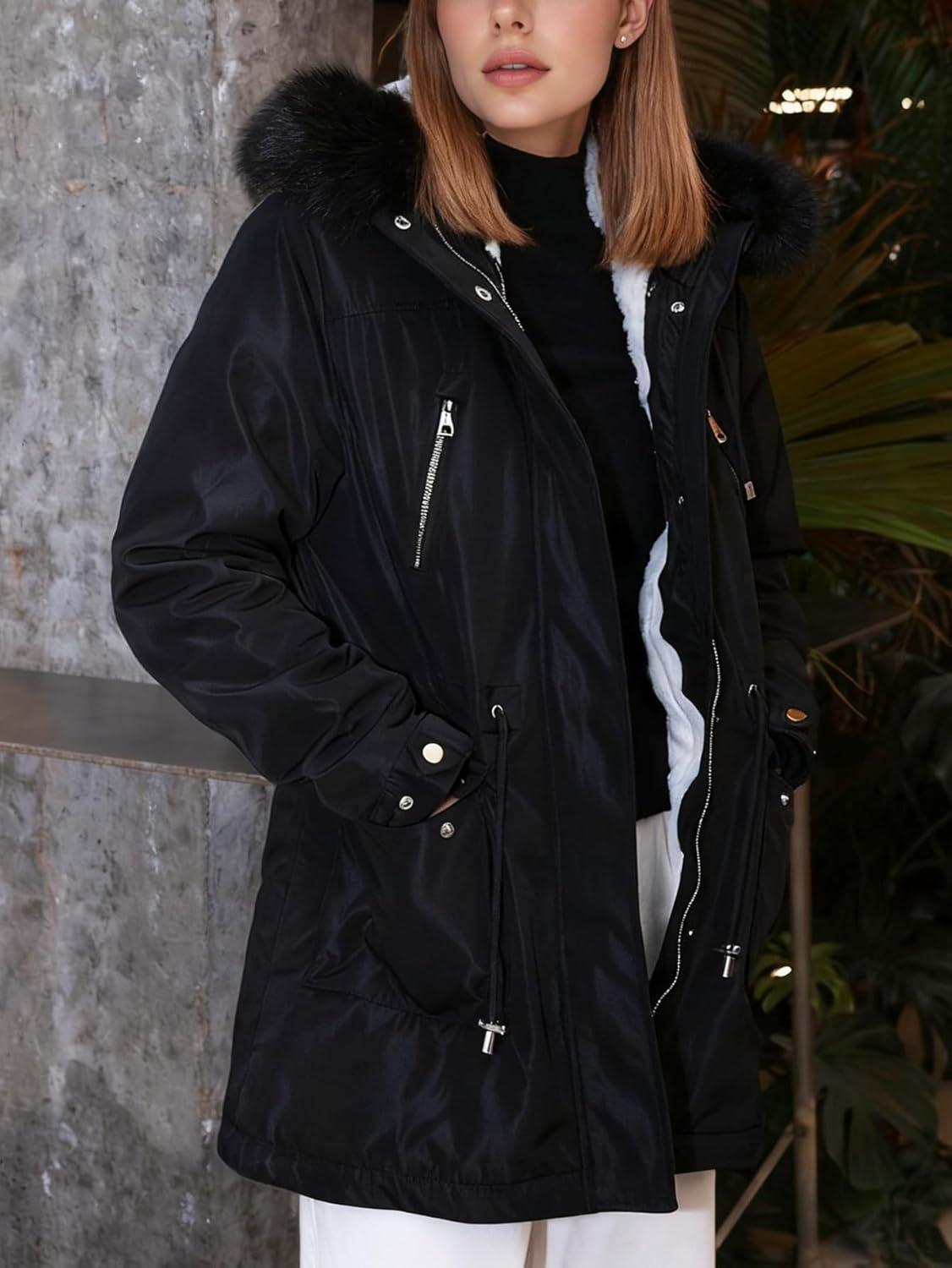 imageBellivera Winter Thicken Coat for Women Fleece Lined Parka Windproof Long Jacket with Hood for Outdoor and Casual WearBlack Coat