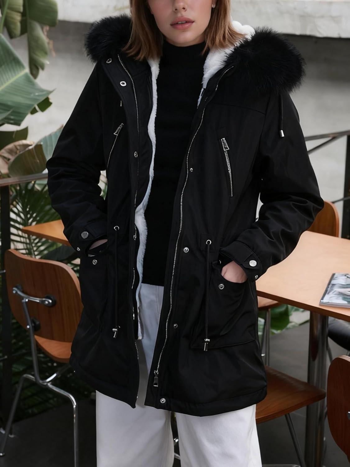 imageBellivera Winter Thicken Coat for Women Fleece Lined Parka Windproof Long Jacket with Hood for Outdoor and Casual WearBlack Coat