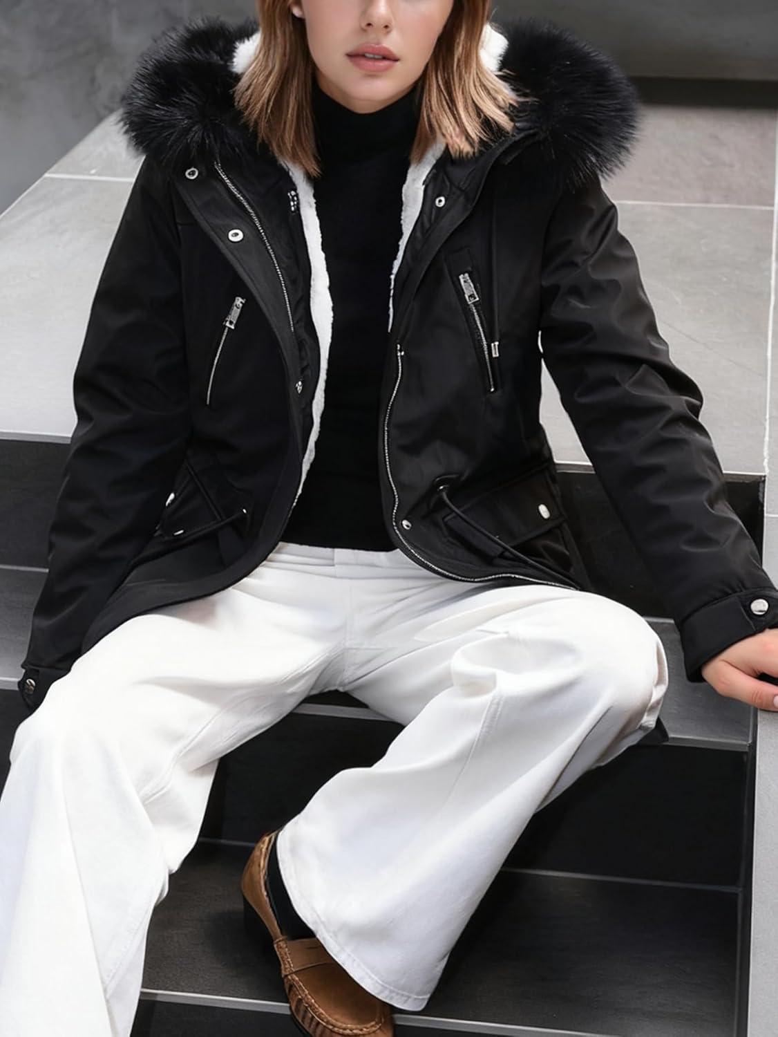 imageBellivera Winter Thicken Coat for Women Fleece Lined Parka Windproof Long Jacket with Hood for Outdoor and Casual WearBlack Coat