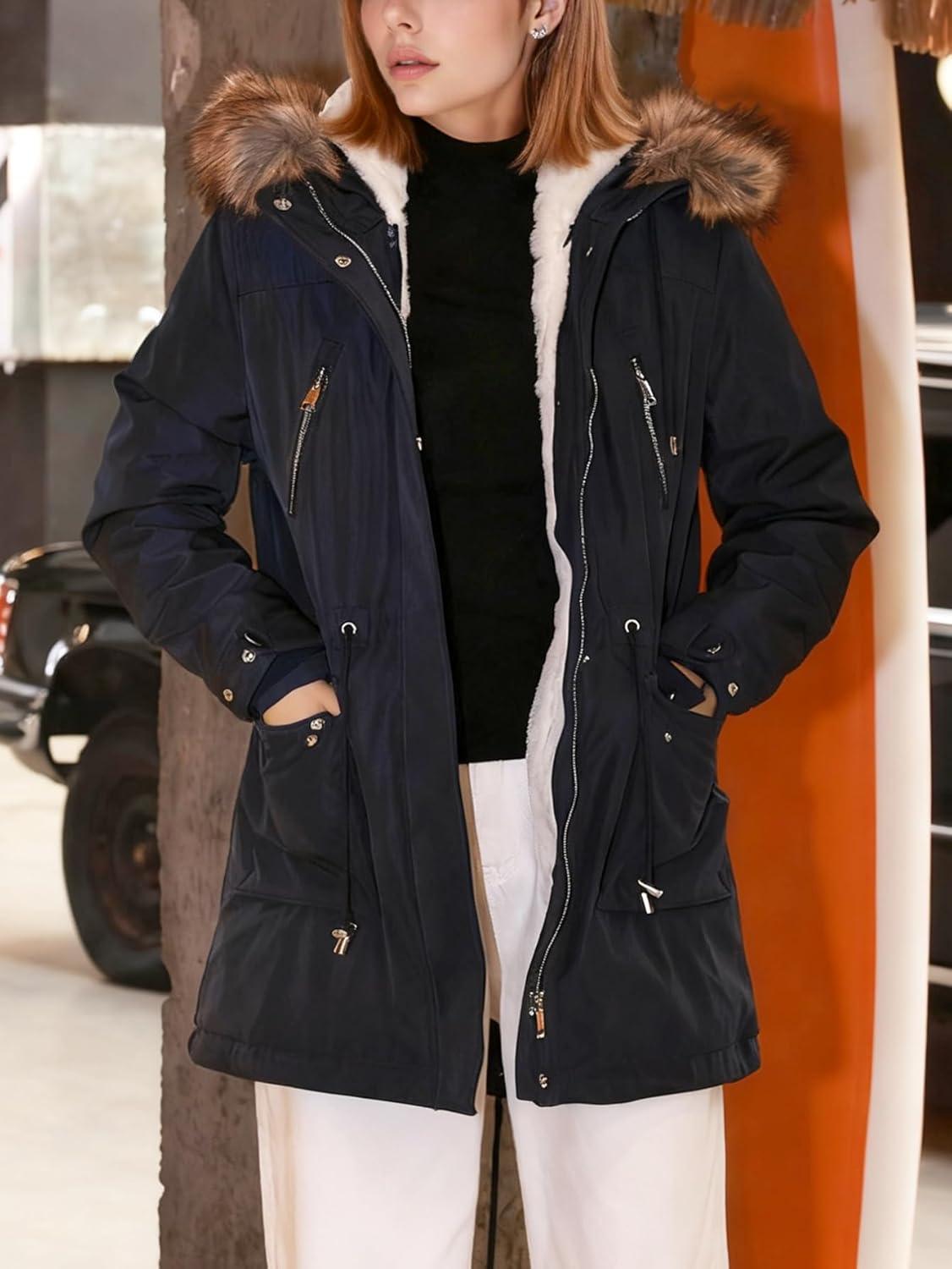 imageBellivera Winter Thicken Coat for Women Fleece Lined Parka Windproof Long Jacket with Hood for Outdoor and Casual WearBlue Coat