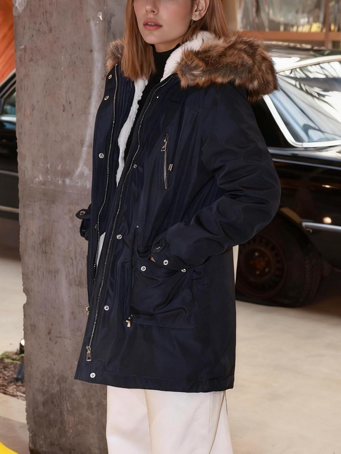 imageBellivera Winter Thicken Coat for Women Fleece Lined Parka Windproof Long Jacket with Hood for Outdoor and Casual WearBlue Coat