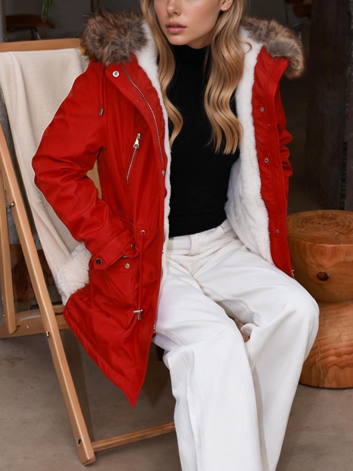 imageBellivera Winter Thicken Coat for Women Fleece Lined Parka Windproof Long Jacket with Hood for Outdoor and Casual WearRed Coat