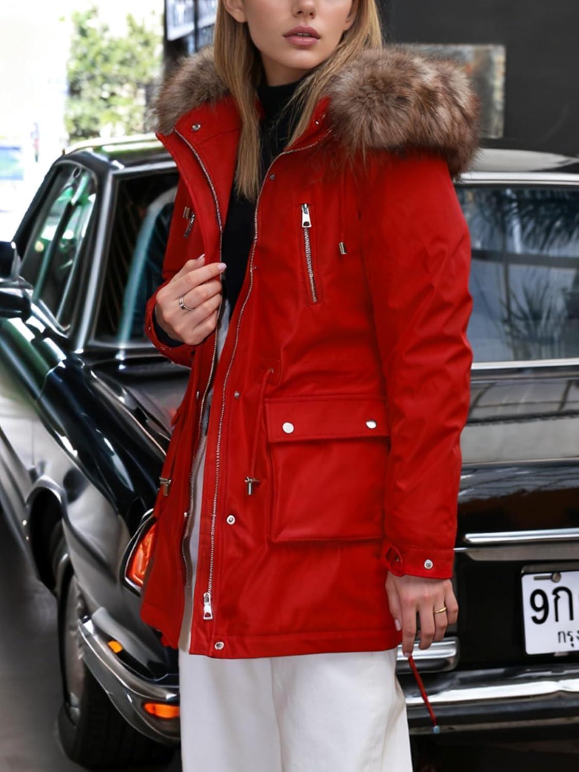imageBellivera Winter Thicken Coat for Women Fleece Lined Parka Windproof Long Jacket with Hood for Outdoor and Casual WearRed Coat