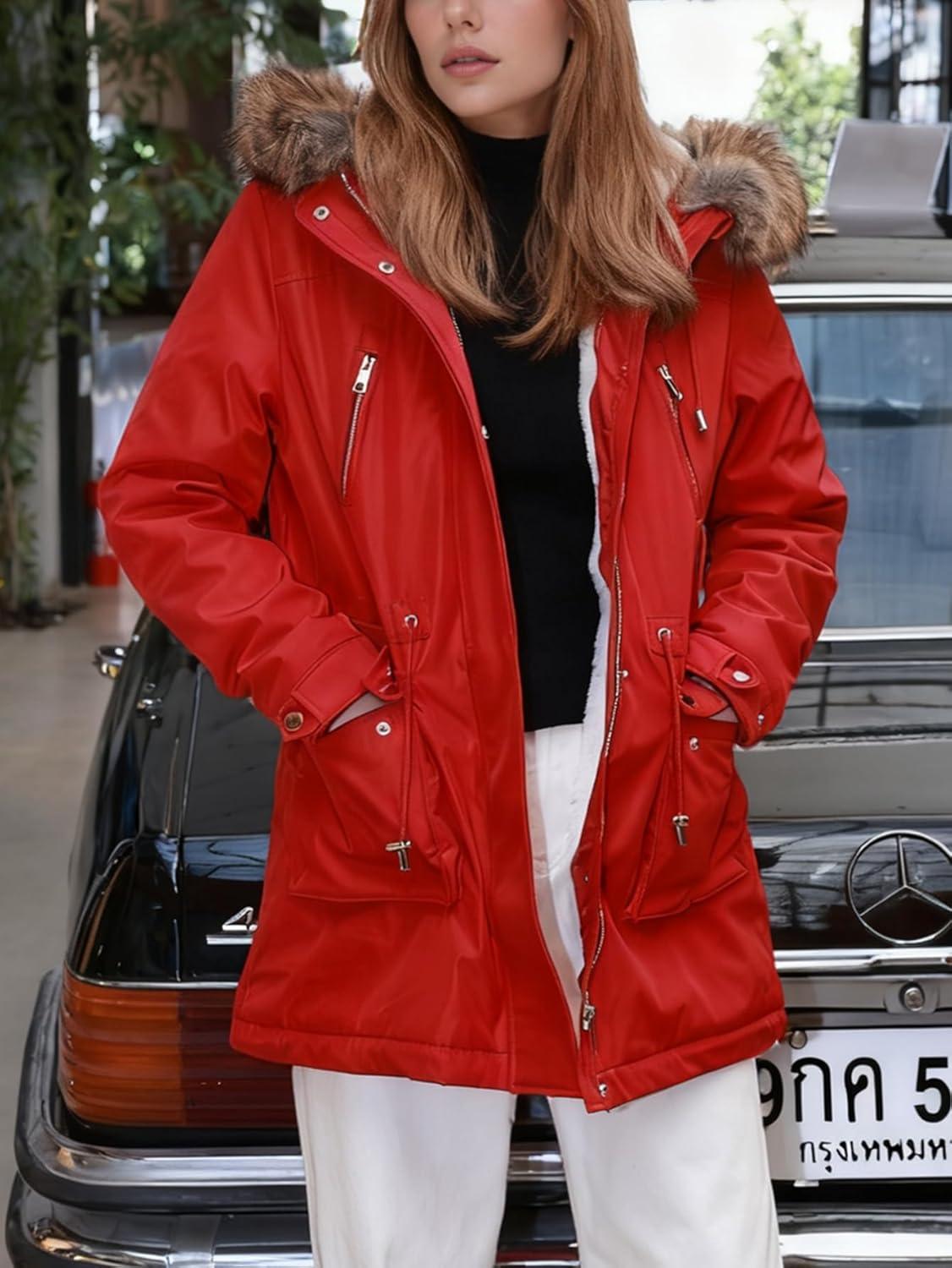 imageBellivera Winter Thicken Coat for Women Fleece Lined Parka Windproof Long Jacket with Hood for Outdoor and Casual WearRed Coat