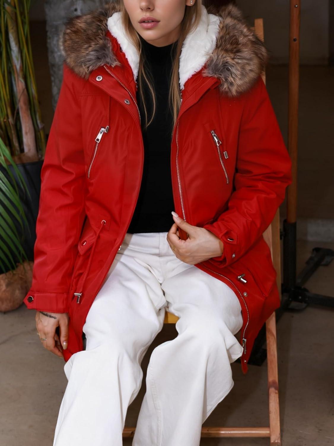 imageBellivera Winter Thicken Coat for Women Fleece Lined Parka Windproof Long Jacket with Hood for Outdoor and Casual WearRed Coat