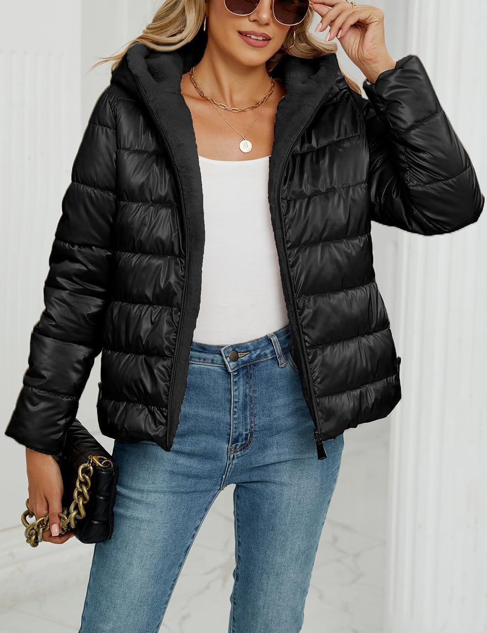 imageBellivera Women Reversible Faux Fur and Glossy Jackets WaterResistant Hooded Puffer CoatBlack