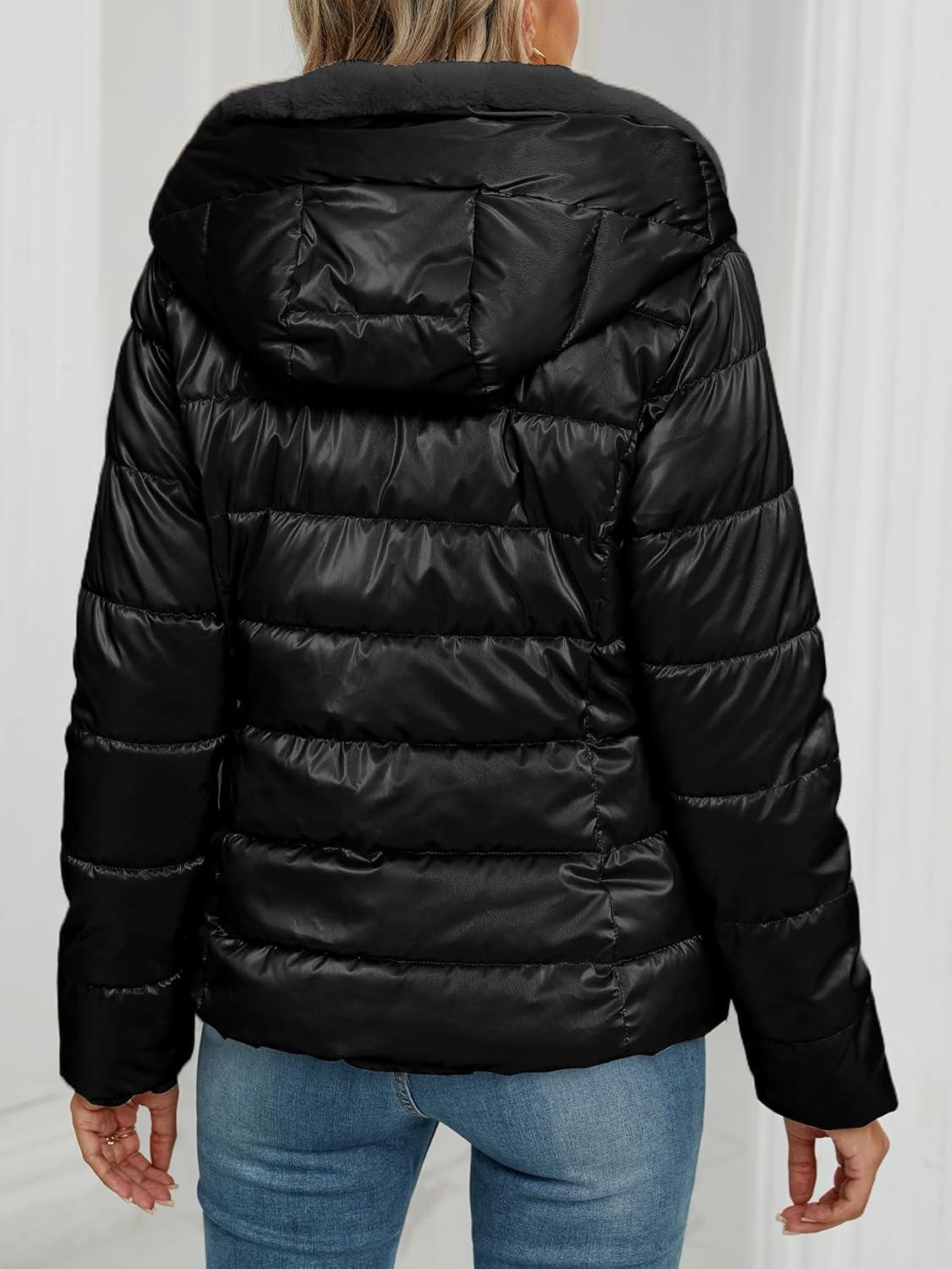 imageBellivera Women Reversible Faux Fur and Glossy Jackets WaterResistant Hooded Puffer CoatBlack