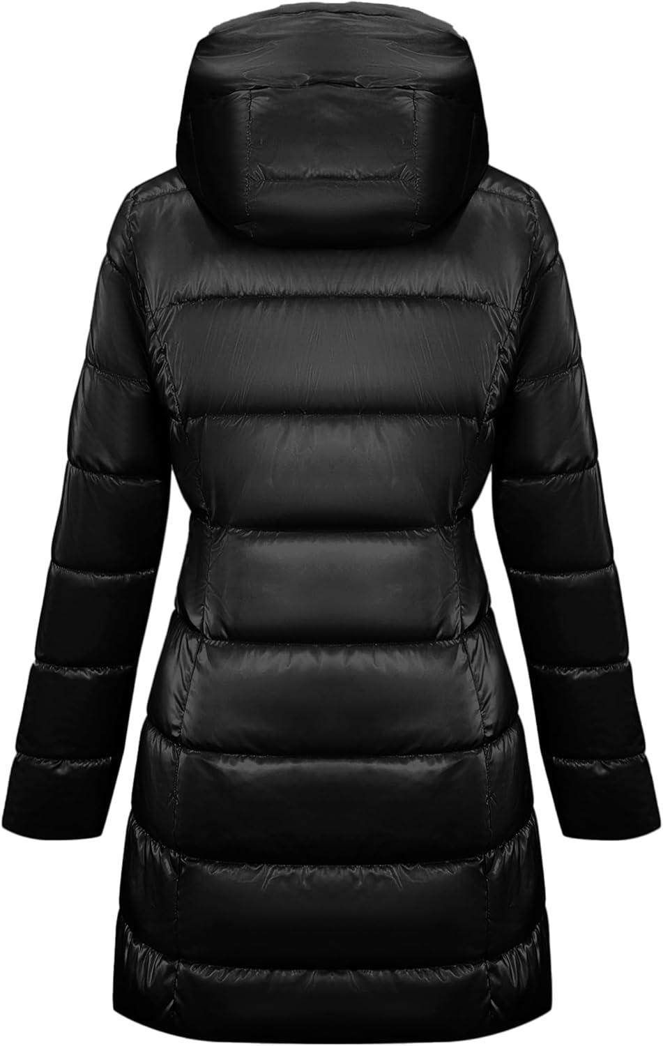 imageBellivera Women Reversible Faux Fur and Glossy Jackets WaterResistant Hooded Puffer CoatBlack Long