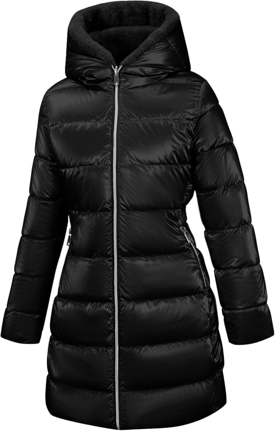imageBellivera Women Reversible Faux Fur and Glossy Jackets WaterResistant Hooded Puffer CoatBlack Long