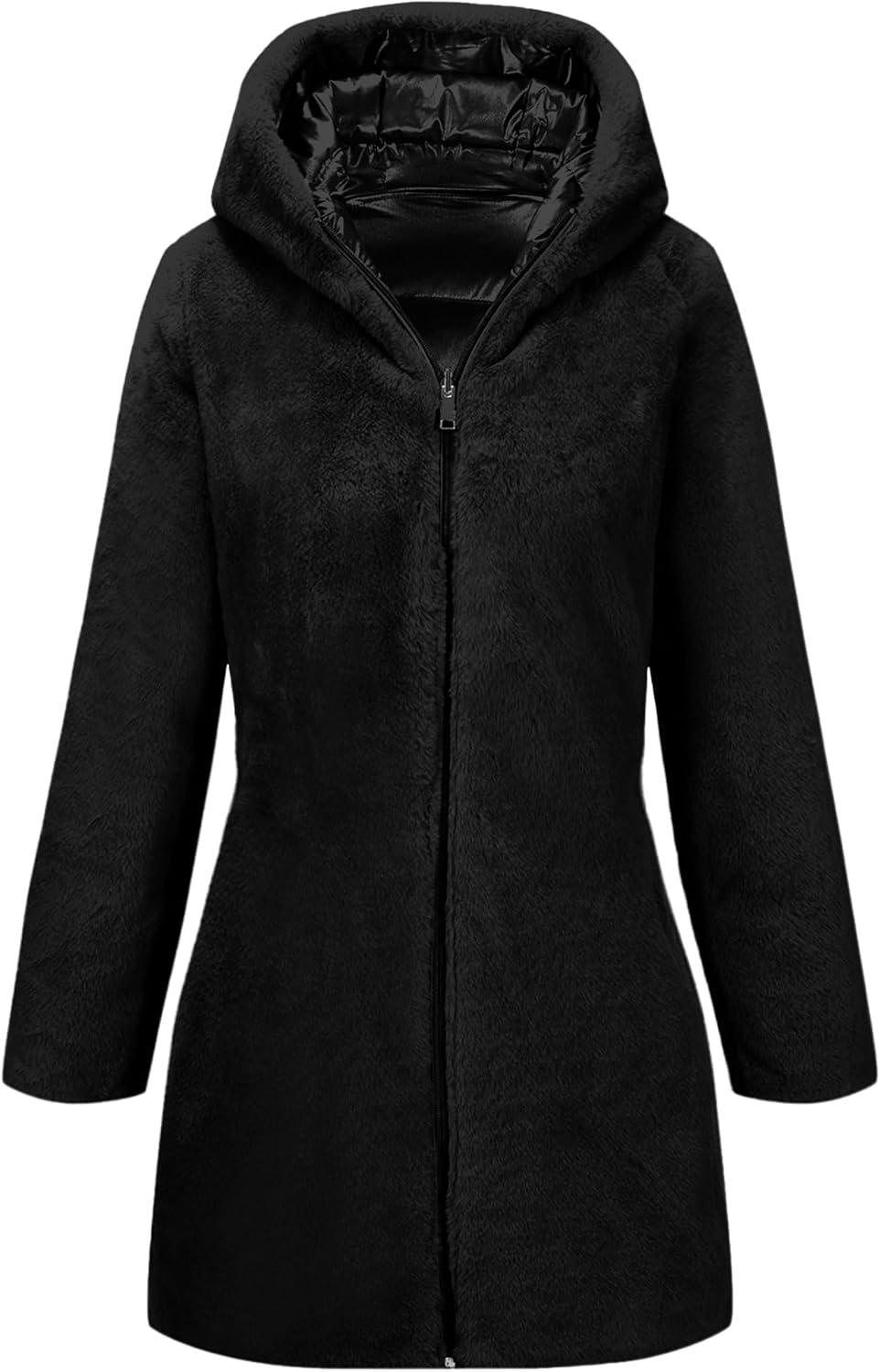 imageBellivera Women Reversible Faux Fur and Glossy Jackets WaterResistant Hooded Puffer CoatBlack Long