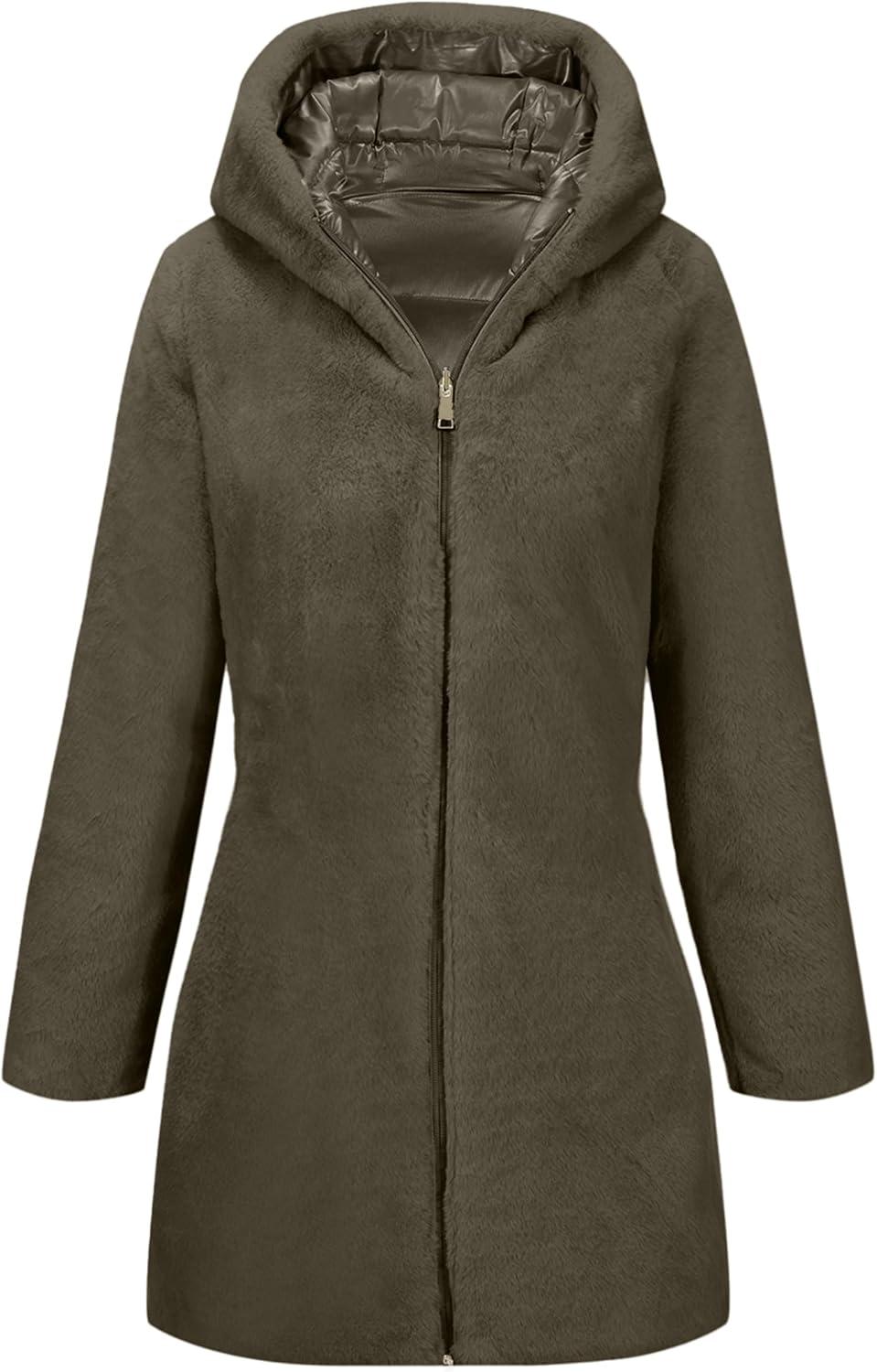 imageBellivera Women Reversible Faux Fur and Glossy Jackets WaterResistant Hooded Puffer CoatBrown Long