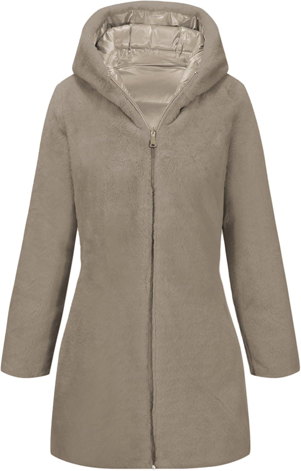 imageBellivera Women Reversible Faux Fur and Glossy Jackets WaterResistant Hooded Puffer CoatGold Long