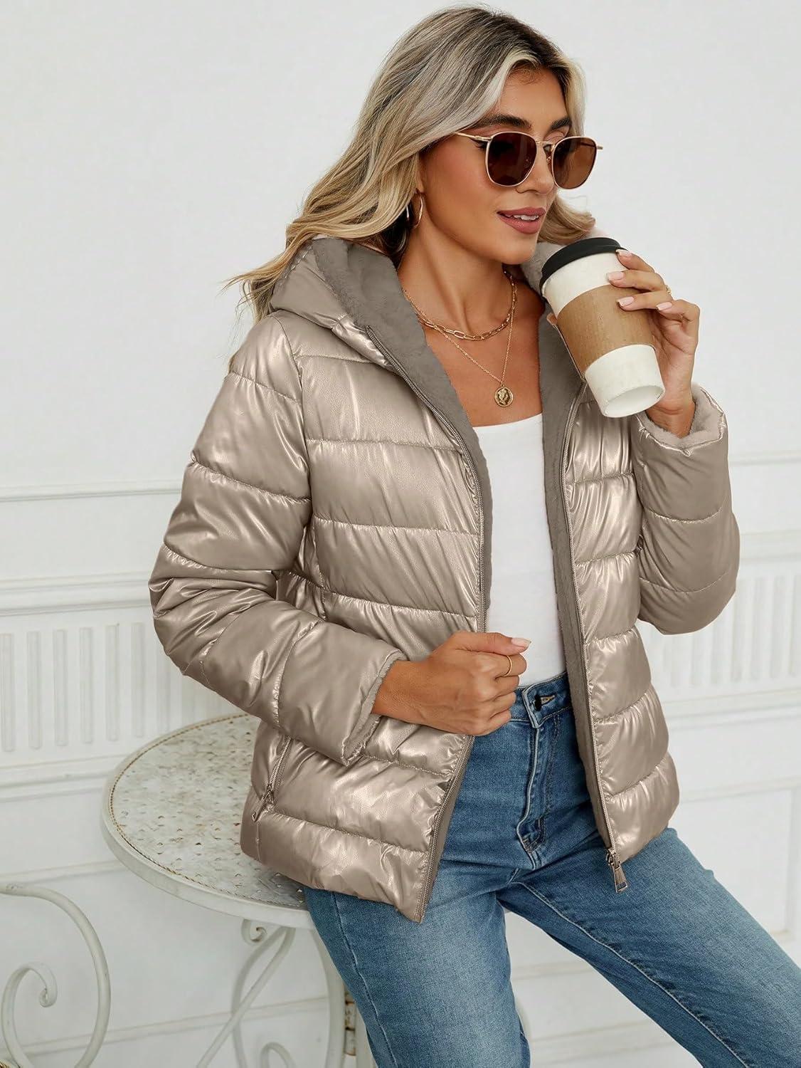 imageBellivera Women Reversible Faux Fur and Glossy Jackets WaterResistant Hooded Puffer CoatLight Gold