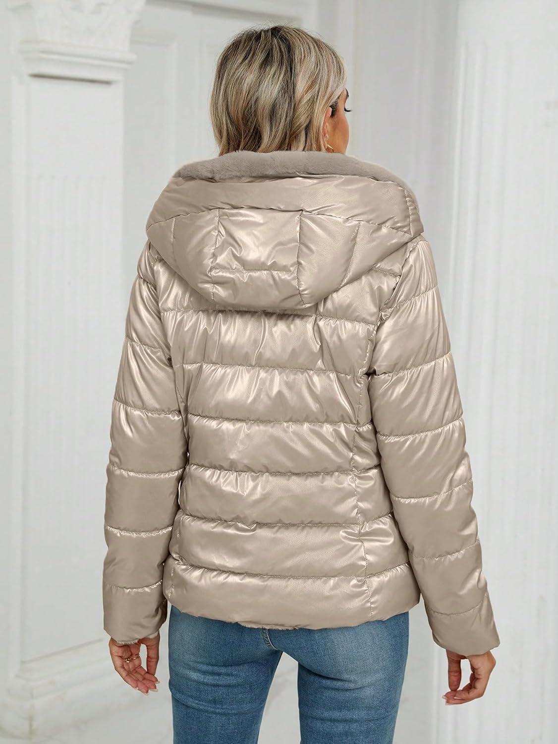 imageBellivera Women Reversible Faux Fur and Glossy Jackets WaterResistant Hooded Puffer CoatLight Gold