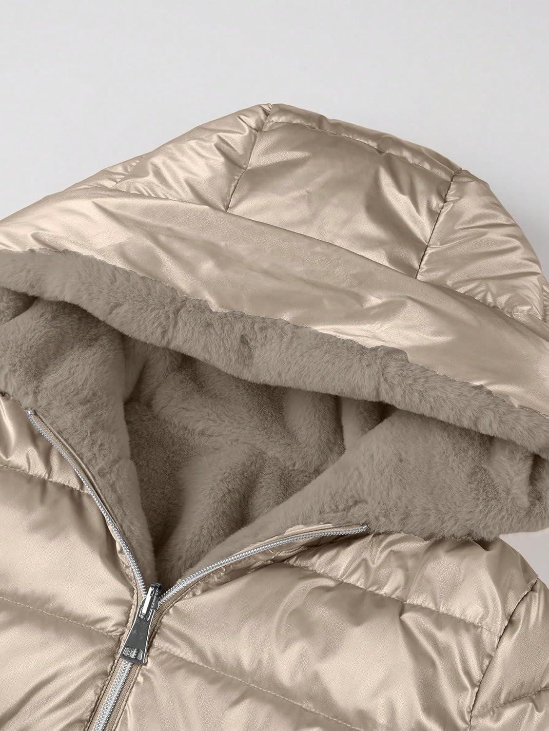 imageBellivera Women Reversible Faux Fur and Glossy Jackets WaterResistant Hooded Puffer CoatLight Gold