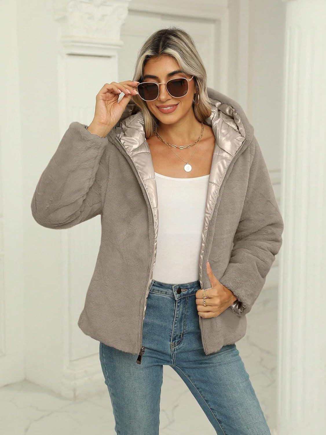 imageBellivera Women Reversible Faux Fur and Glossy Jackets WaterResistant Hooded Puffer CoatLight Gold