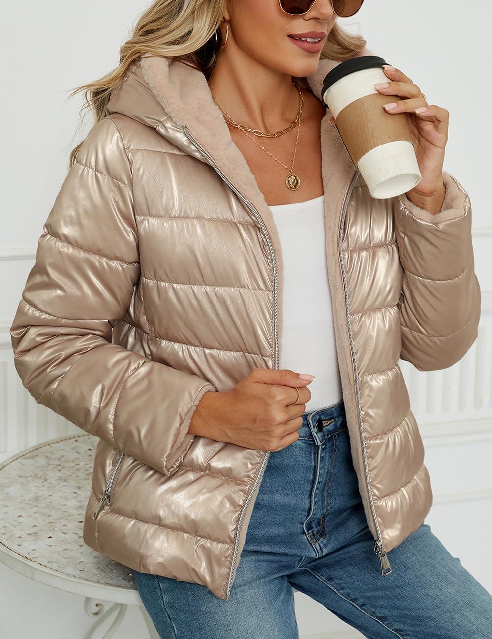 imageBellivera Women Reversible Faux Fur and Glossy Jackets WaterResistant Hooded Puffer CoatPink