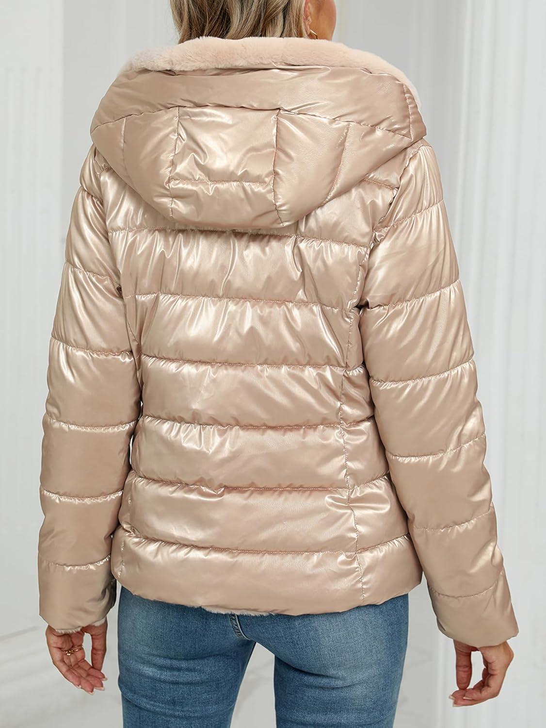 imageBellivera Women Reversible Faux Fur and Glossy Jackets WaterResistant Hooded Puffer CoatPink