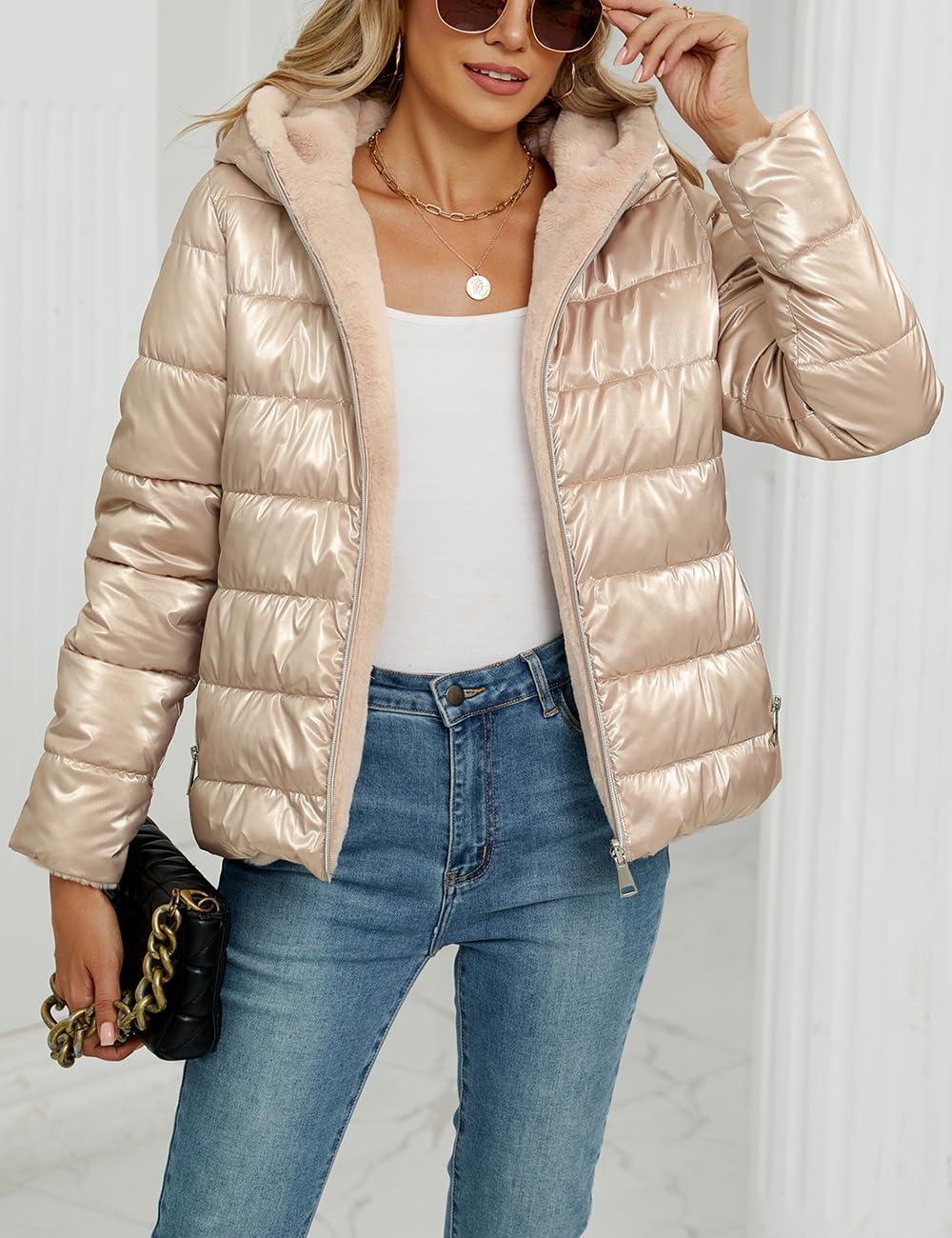 imageBellivera Women Reversible Faux Fur and Glossy Jackets WaterResistant Hooded Puffer CoatPink