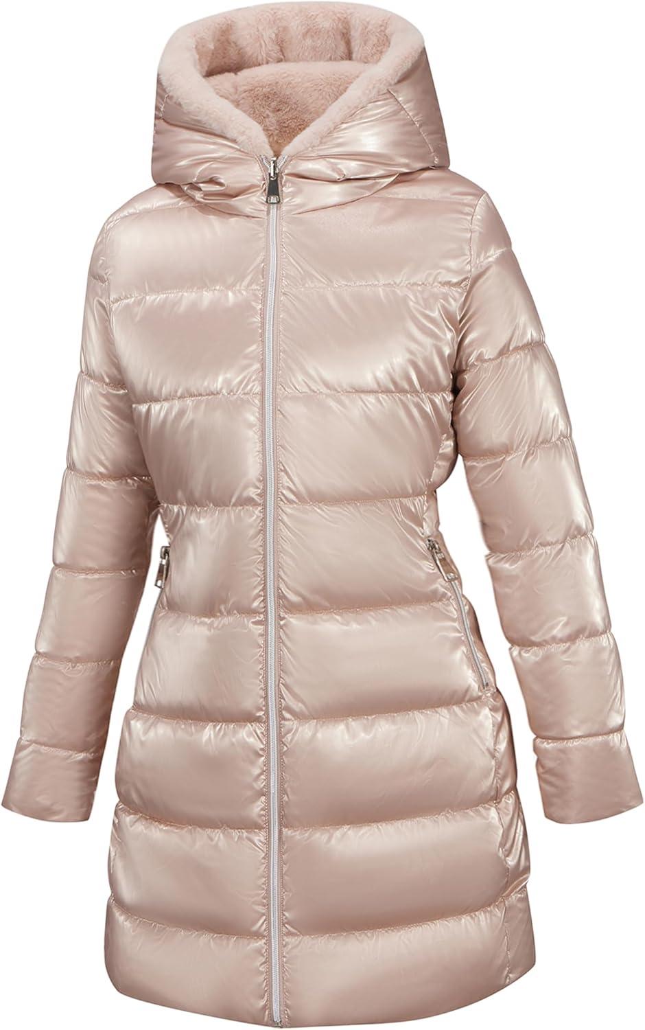 imageBellivera Women Reversible Faux Fur and Glossy Jackets WaterResistant Hooded Puffer CoatPink Long