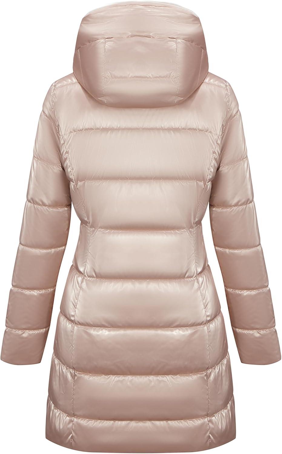 imageBellivera Women Reversible Faux Fur and Glossy Jackets WaterResistant Hooded Puffer CoatPink Long