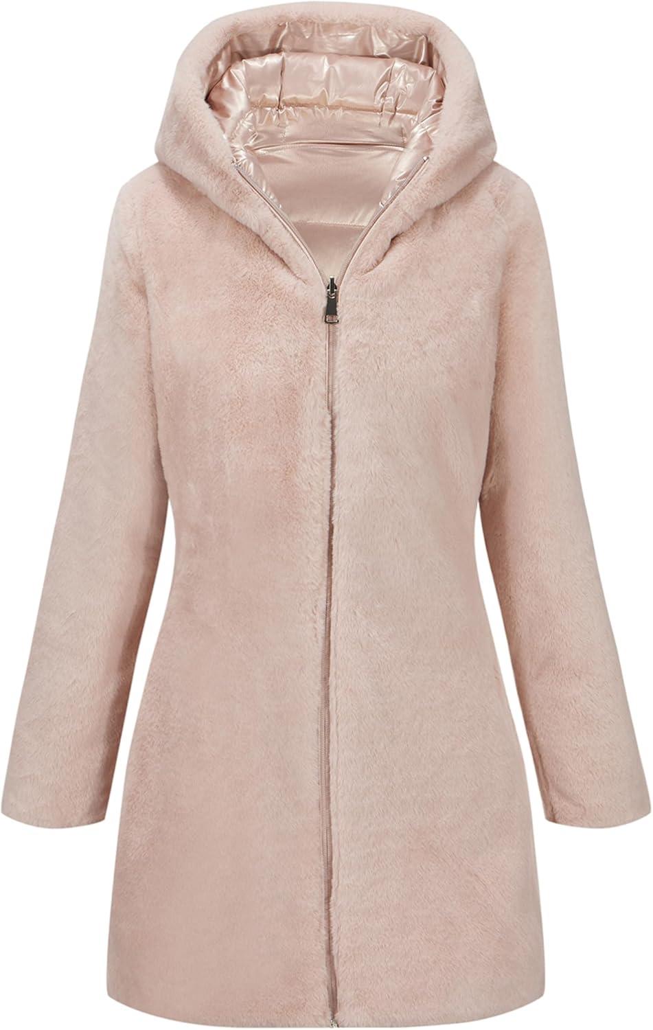 imageBellivera Women Reversible Faux Fur and Glossy Jackets WaterResistant Hooded Puffer CoatPink Long