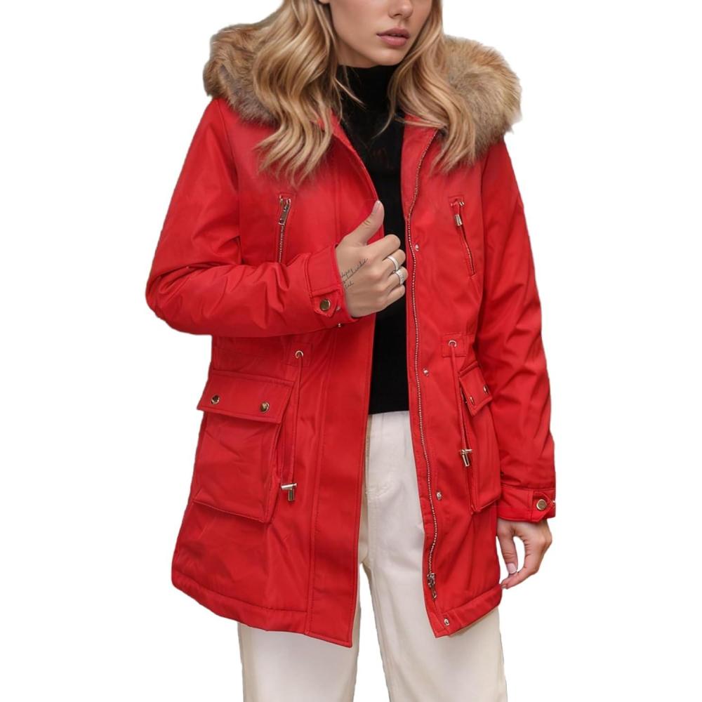 imageBellivera Winter Thicken Coat for Women Fleece Lined Parka Windproof Long Jacket with Hood for Outdoor and Casual WearRed Coat