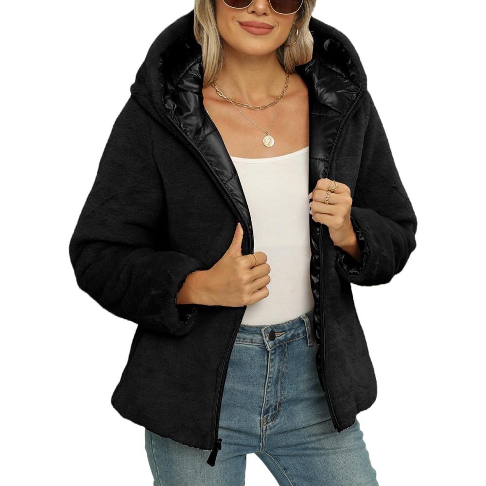imageBellivera Women Reversible Faux Fur and Glossy Jackets WaterResistant Hooded Puffer CoatBlack