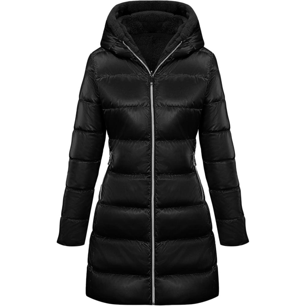 imageBellivera Women Reversible Faux Fur and Glossy Jackets WaterResistant Hooded Puffer CoatBlack Long