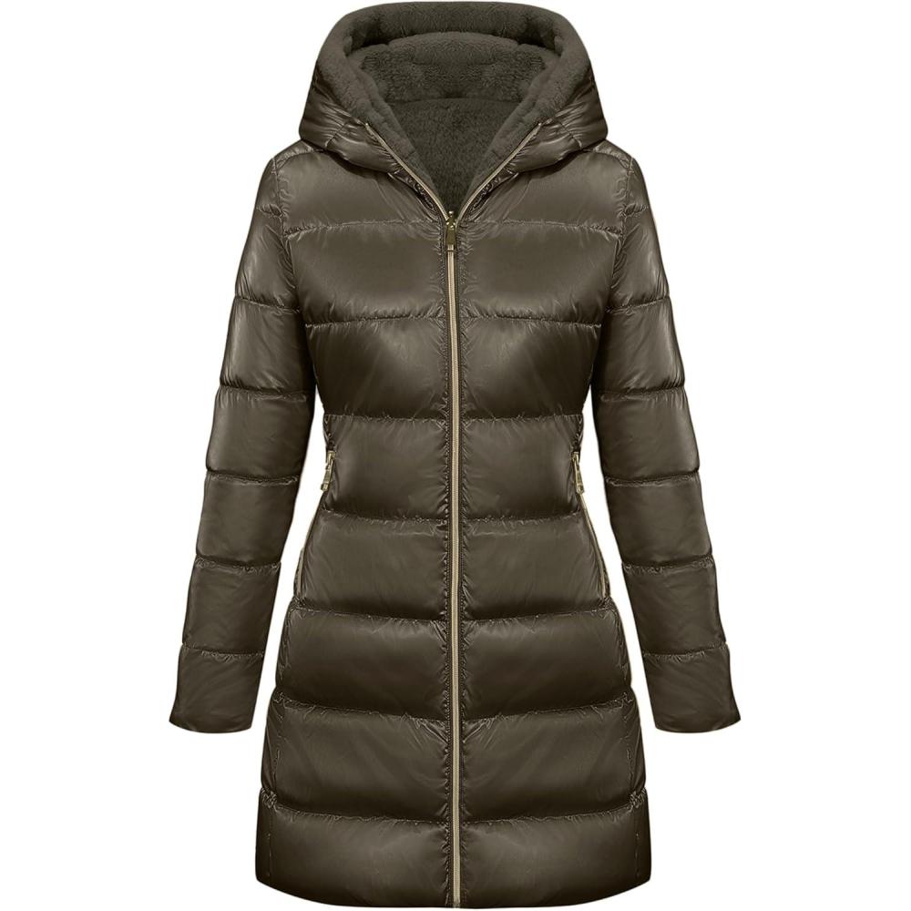 imageBellivera Women Reversible Faux Fur and Glossy Jackets WaterResistant Hooded Puffer CoatBrown Long